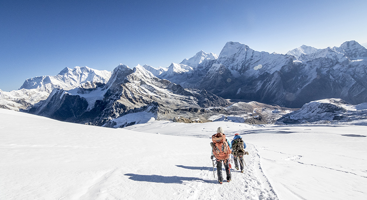 Woman mountaineer & climbing sirdar descend Mera Peak, Everest in view